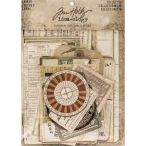 idea-ology-tim-holtz-layers-collector-32pcs-th9355 Tim Holtz Layers Collector TH93553 bevat 32 vintage die-cut elementen voor junk journals, scrapbooking, mixed media, art journals en kaarten maken. Ideaal voor het creëren van prachtige gelaagde papierprojecten