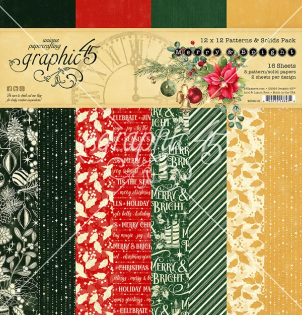 Merry & Bright 12x12 Inch Patterns & Solids Pack (4502915) Graphic 45 Merry & Bright 12x12 Patterns & Solids met 16 dubbelzijdige kerstvellen. Perfect voor scrapbooking, kaarten, journals en kerstprojecten.