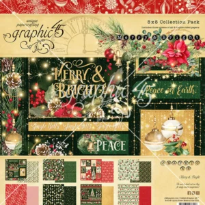 Graphic 45 Merry & Bright 8x8 Collection Pack met 16 dubbelzijdige kerstvellen. Perfect voor scrapbooking, kerstkaarten, journals en mini-albums.