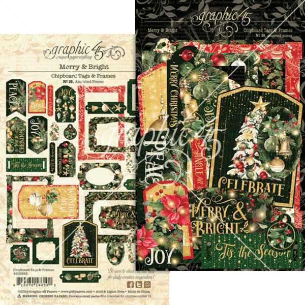 Merry & Bright Chipboard Tags & Frames (4502918) Graphic 45 Merry & Bright Chipboard Tags & Frames met 30 stevige decoratieve elementen. Perfect voor kerstkaarten, scrapbooking en mini albums.