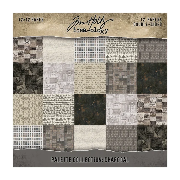 Tim Holtz Palette Collection Charcoal 12x12 inch met 12 dubbelzijdige vellen. Perfect voor vintage scrapbooking, journals, kaarten en mixed media.