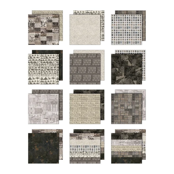 Tim Holtz Palette Collection Charcoal 12x12 inch met 12 dubbelzijdige vellen. Perfect voor vintage scrapbooking, journals, kaarten en mixed media.