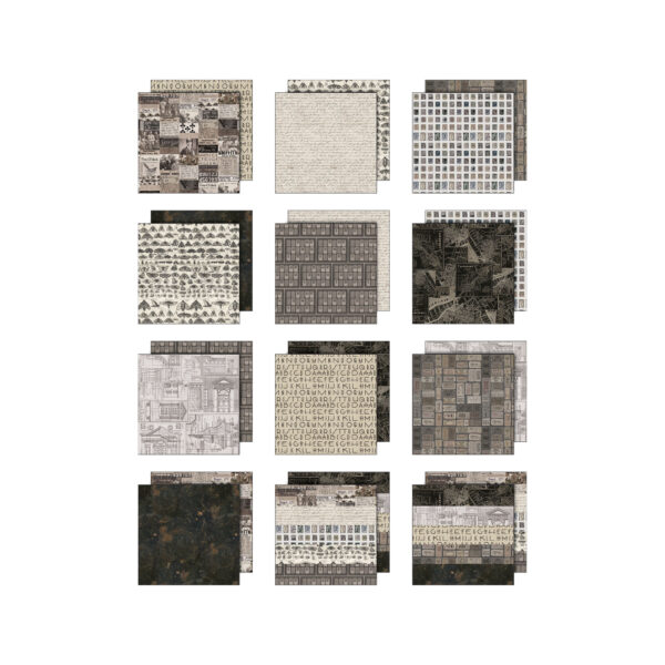 Tim Holtz Palette Collection Charcoal 8x8 inch met 12 dubbelzijdige vellen. Ideaal voor scrapbooking, journals, mixed media en kaarten.