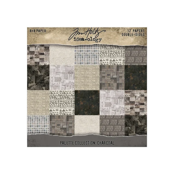 Tim Holtz Palette Collection Charcoal 8x8 inch met 12 dubbelzijdige vellen. Ideaal voor scrapbooking, journals, mixed media en kaarten.