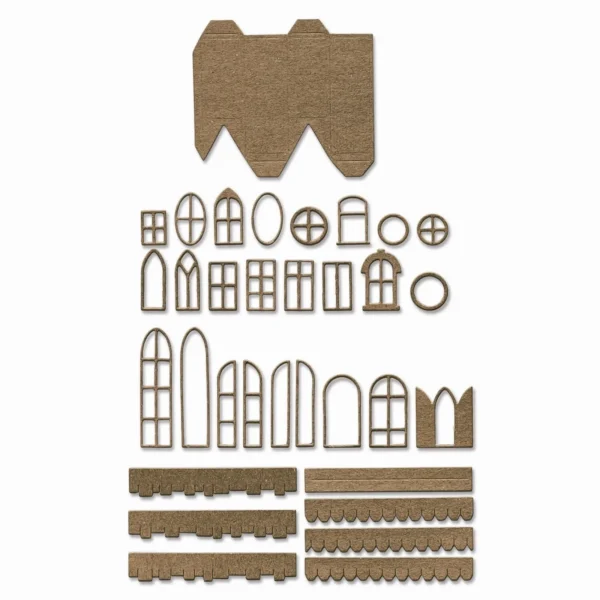 Sizzix Tim Holtz Village Collection met 87 Thinlits stansen voor huisjes en dorpsscènes. Discontinued set voor kerst, winter, Halloween en 3D projecten.