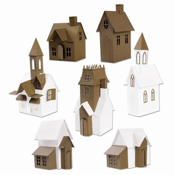 Sizzix Tim Holtz Village Collection met 87 Thinlits stansen voor huisjes en dorpsscènes. Discontinued set voor kerst, winter, Halloween en 3D projecten.