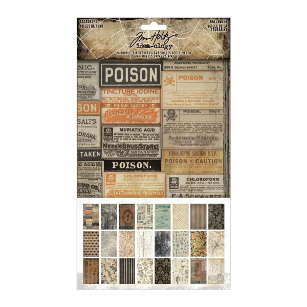 Tim Holtz Halloween Backdrops (TH94433) Tim Holtz Idea-ology Halloween Backdrops met 24 dubbelzijdige vellen van 6 x 10 inch. Perfect voor scrapbooking, junk journals en mixed media.
