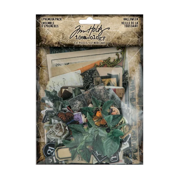 Tim Holtz Halloween Ephemera Pack met 137 vintage elementen. Perfect voor scrapbooking, journals, collages, kaarten en mixed media.