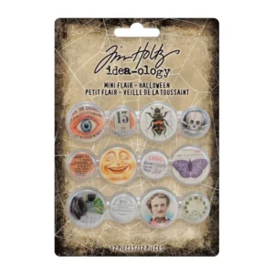 Tim Holtz Halloween Mini Flair (TH94158) (DISCONTINUED) Tim Holtz Halloween Mini Flair met 12 vintage buttons. Perfect voor scrapbooking, journals, mixed media en spooky projecten. Discontinued.