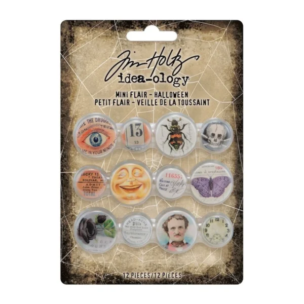Tim Holtz Halloween Mini Flair (TH94158) (DISCONTINUED) Tim Holtz Halloween Mini Flair met 12 vintage buttons. Perfect voor scrapbooking, journals, mixed media en spooky projecten. Discontinued.