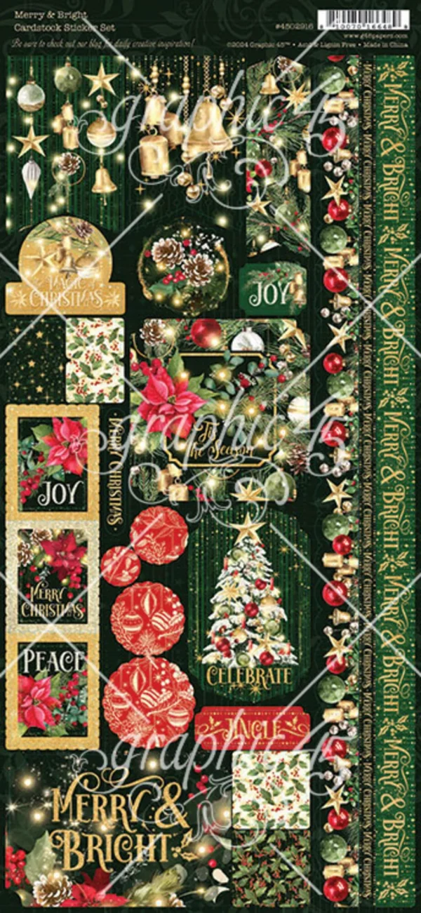 Graphic 45 Merry & Bright Sticker Set met 2 vellen cardstock stickers van 6x12 inch. Perfect voor scrapbooking, kerstkaarten, journals en creatieve projecten.