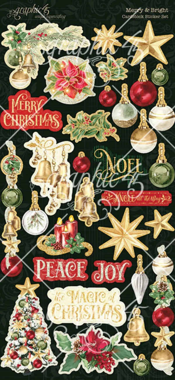 Graphic 45 Merry & Bright Sticker Set met 2 vellen cardstock stickers van 6x12 inch. Perfect voor scrapbooking, kerstkaarten, journals en creatieve projecten.