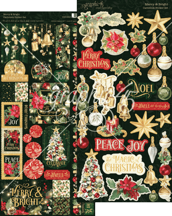 Graphic 45 Merry & Bright Sticker Set met 2 vellen cardstock stickers van 6x12 inch. Perfect voor scrapbooking, kerstkaarten, journals en creatieve projecten.