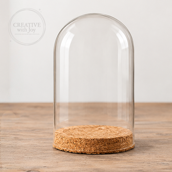Glazen stolp met houten voet Ø 6,5 cm, decoratieve stolp voor miniaturen en DIY-decoratie